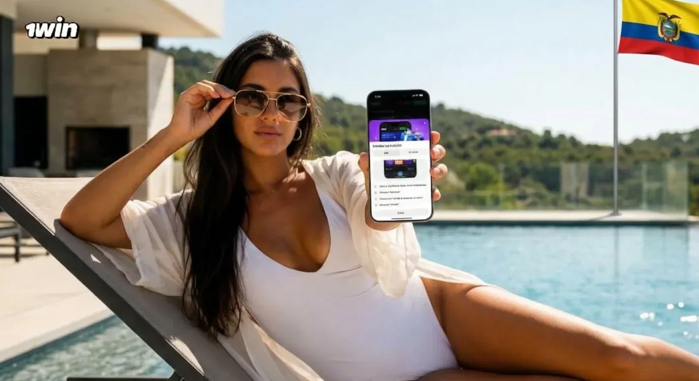Mujer en una tumbona junto a la piscina muestra la app de 1win en su celular, con la bandera de Ecuador al fondo